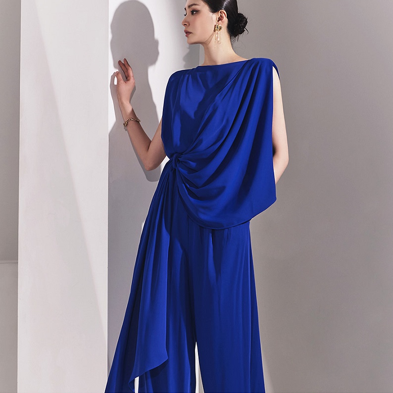 Xu Meiren's Dazzling and Elegant Summer New Fashion Pleated Ribbon Shoulder-Padded Slimming Drape Chiffon Jumpsuit Xu Meiren's Dazzling and Elegant Summer New Fashion Pleated Ribbon Shoulder-Padded Slimming Drape Chiffon Jumpsuit