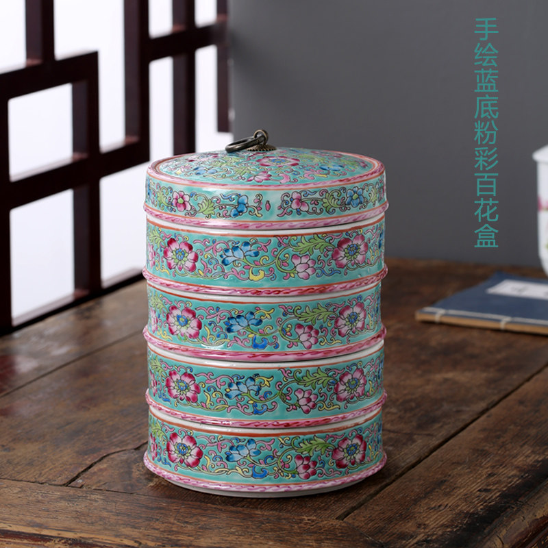青花瓷三层零食罐景德镇陶瓷糖果盒手绘粉彩花鸟罐-Taobao-Tmall