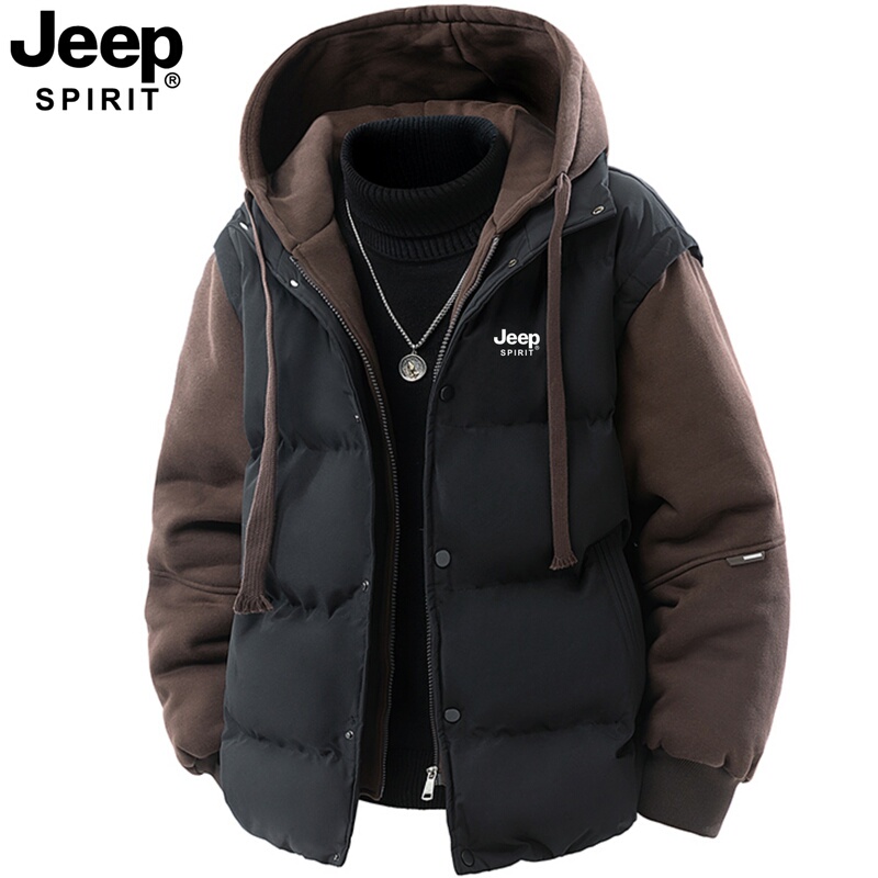 Jeep Winter Large Size Casual Hooded Solid Color Faux Two-Piece down Cotton Jacket Men's Versatile Cotton Coat Trendy Jeep Winter Large Size Casual Hooded Solid Color Faux Two-Piece down Cotton Jacket Men's Versatile Cotton Coat Trendy