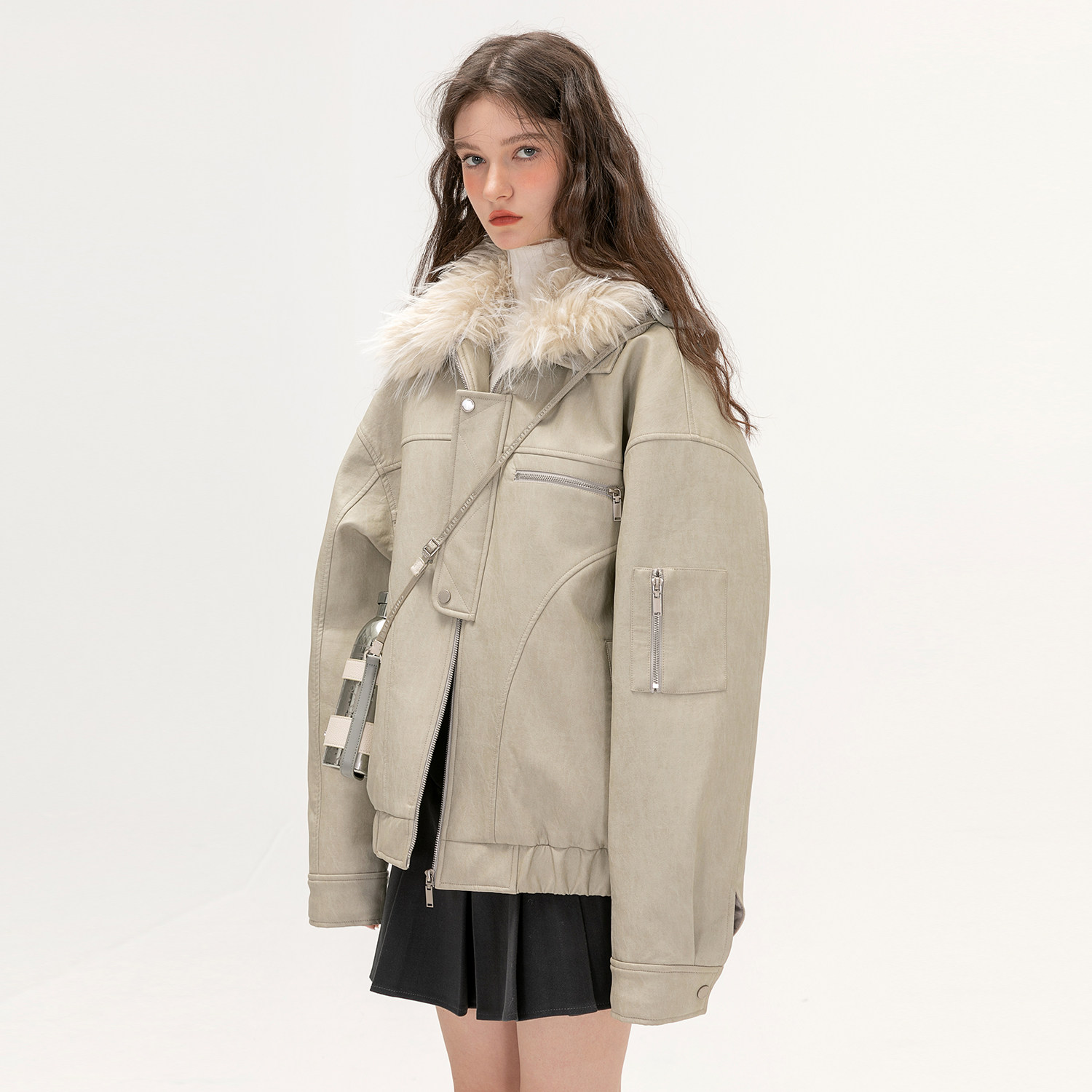 3S3 Women's Clothing Korean Ensemble Winter Thickening of High Sensation Hair Collar Design Sensuo Sign Comfort Casual Pure Color Leather Coat-Taobao