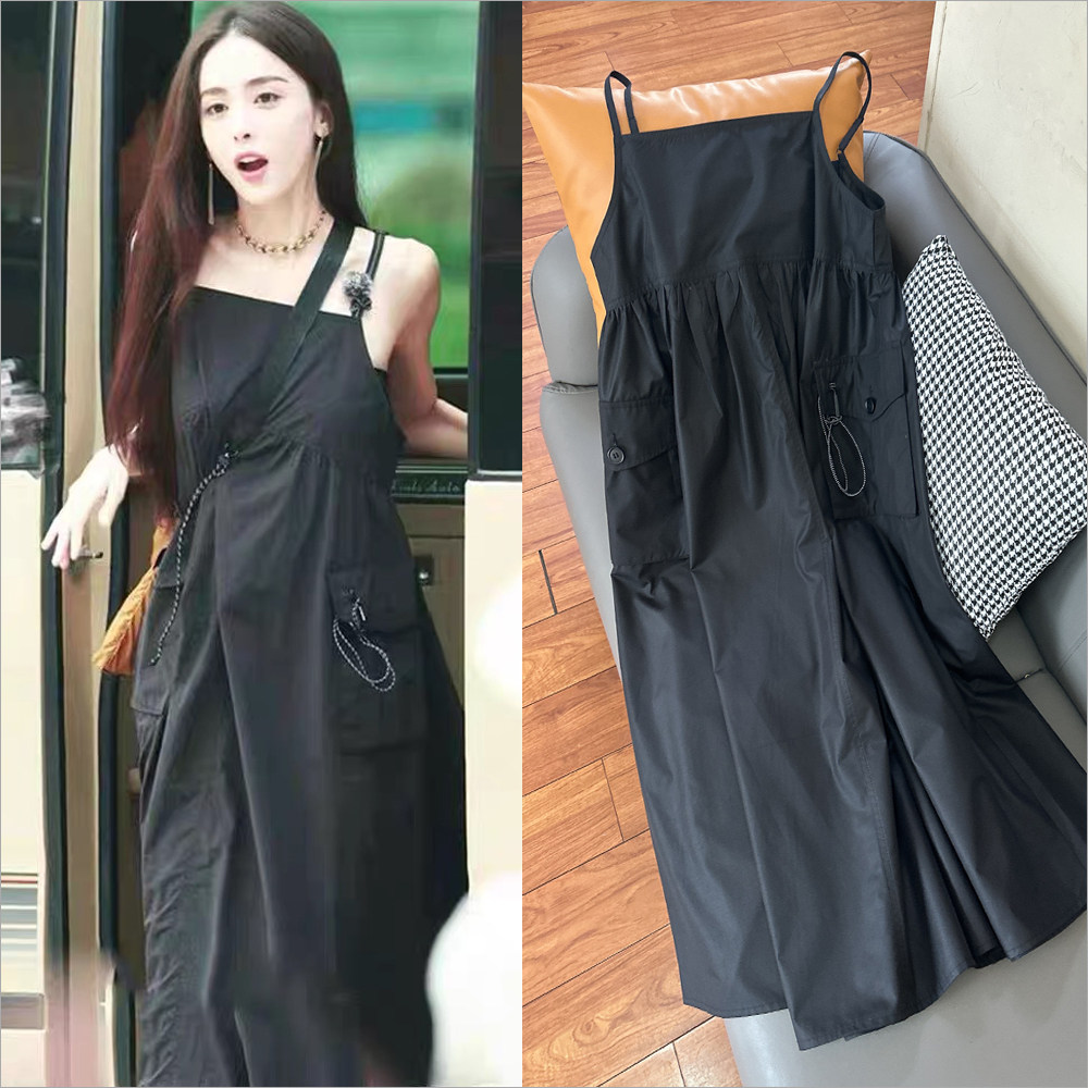 Guli Nazhaの夏用ブラックゆったりカジュアルオーバーオールドレス、大きなポケット付きロングノースリーブドレス