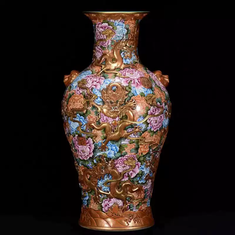 古玩古瓷器大清雍正年制粉彩八桃天球瓶