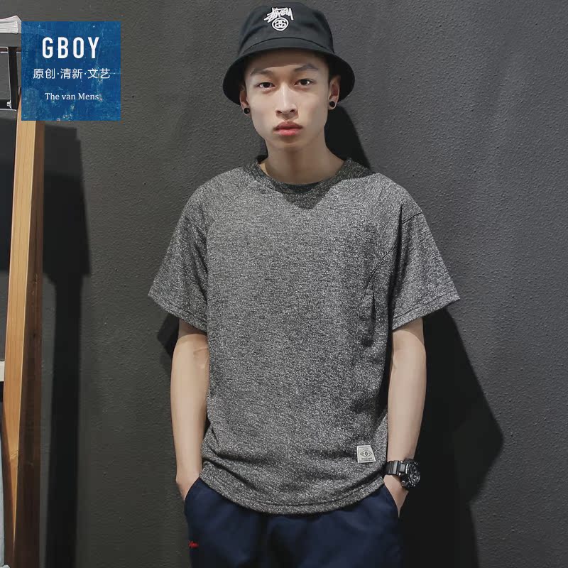 GBOY夏季潮流短袖T恤男日系圆领雪花点休闲体恤青年贴布打底短tee