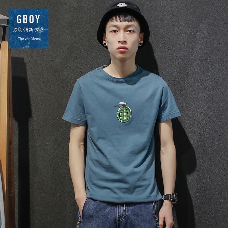 GBOY夏季潮流个性印花短袖T恤男青年水洗圆领体恤衫学生打底短tee