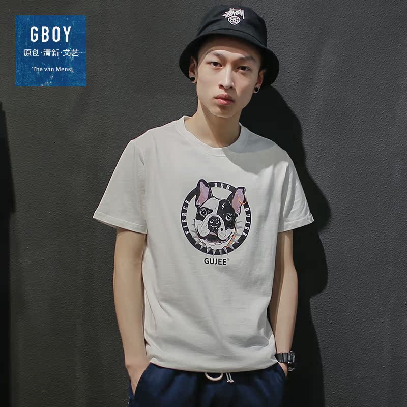 GBOY夏季潮流T恤男短袖欧美圆领斗牛犬印花体恤衫青年街头棉短tee
