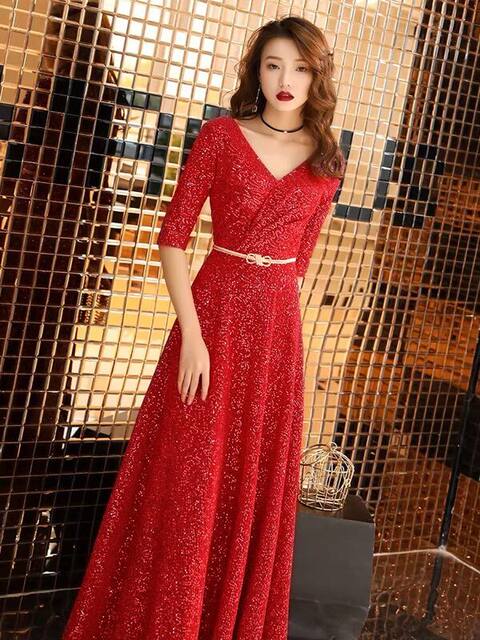 Bride's toast dress, folded V-neck, three-quarter-length sleeves, bright silk, slim-fitting dress, annual meeting performance host, belt