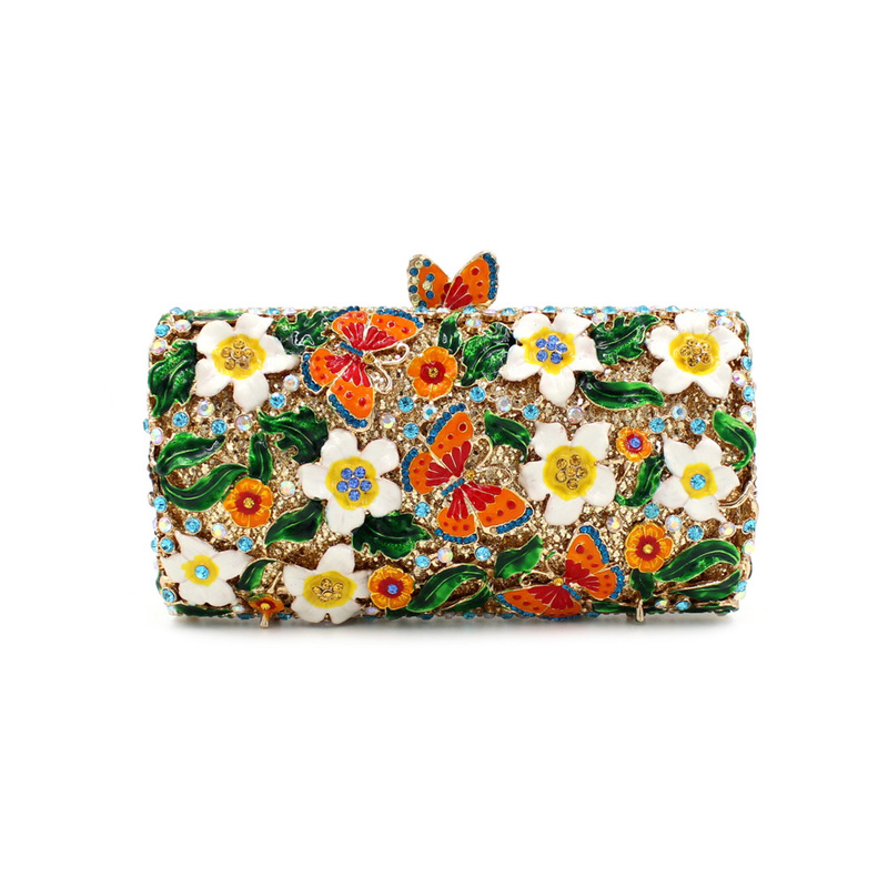 Bl025 Oil-Drip Flower Rhinestone Bag, Hollow Metal Crystal Evening Bag, Foreign Trade Diamond-Encrusted Bag, Clutch Bag