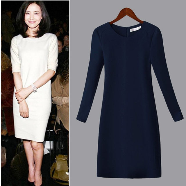 Dress Gao Yuanyuan with the same paragraph spring new large size loose straight skirt commuter ol long-sleeved dress skirt Korean temperament