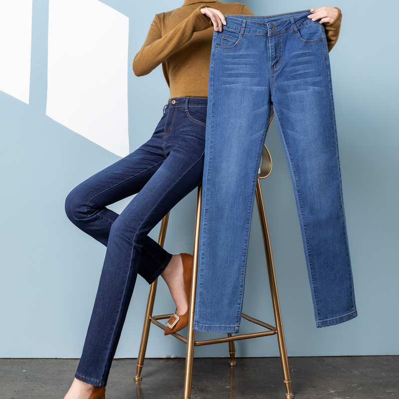 Straight-Leg Jeans for Women, Spring and Autumn, Loose, Stretchy, Thin Pants, Middle-Aged Mom, High-Waisted, Cigarette Pants, Petite, Cropped Pants