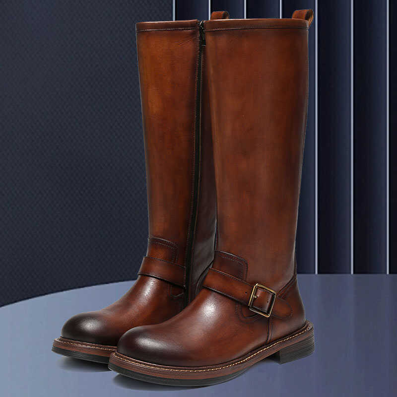 British Fashion Boots Men's High Boots Fashion Trend Brown Equestrian Boots Knight Cowboy Boots Cowhide Boots