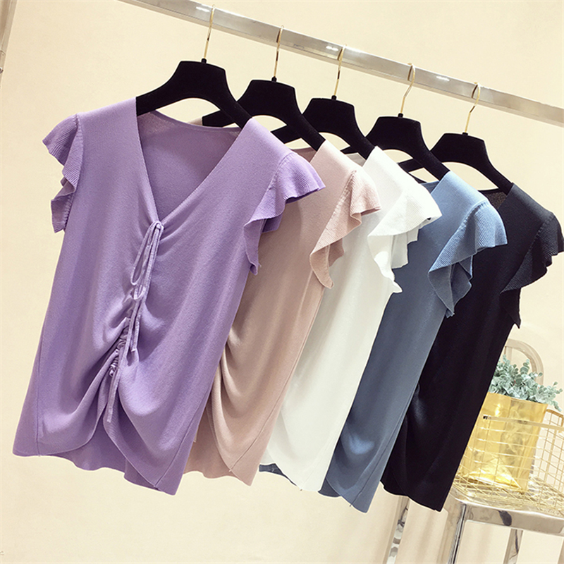 Giấc mơ dreamer của phụ nữ 2018 new simple lady gió nhẹ nhàng V-Cổ dây kéo thiết kế màu rắn đan T-Shirt áo sơ mi nữ áo len zara