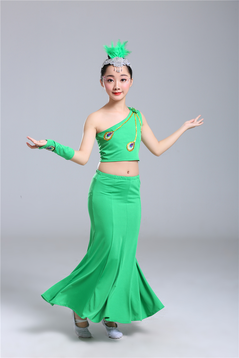 Trẻ em mới Trang phục múa trẻ em Trang phục múa con công Trang phục cô gái cucurbit lụa Slim túi đeo hông váy đuôi cá thời trang bé gái