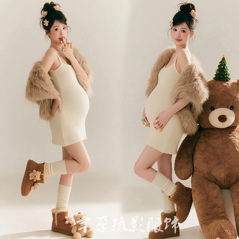 Pregnant Women Wear Korean-Style Sweet and Cute Knitted Sweaters with an Autumn and Winter Theme for Maternity Photoshoots, Creating an Artistic Atmosphere