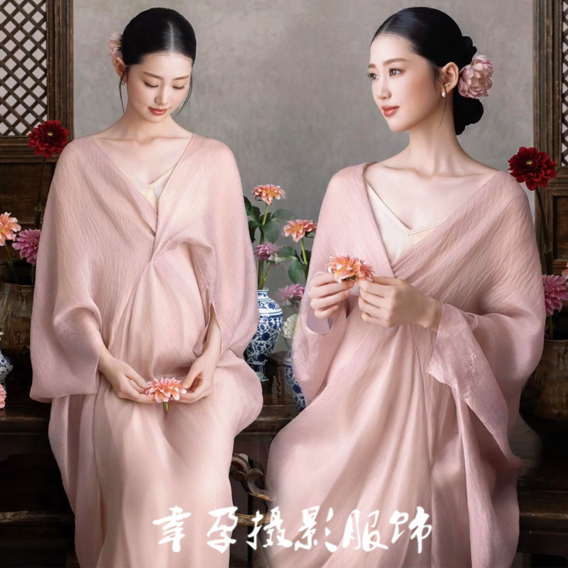 Photo Studio Maternity Photo Clothing New Style Chinese Style Zen-Inspired Elegant Pregnant Mommy Art Photo Shoot Pink Dress