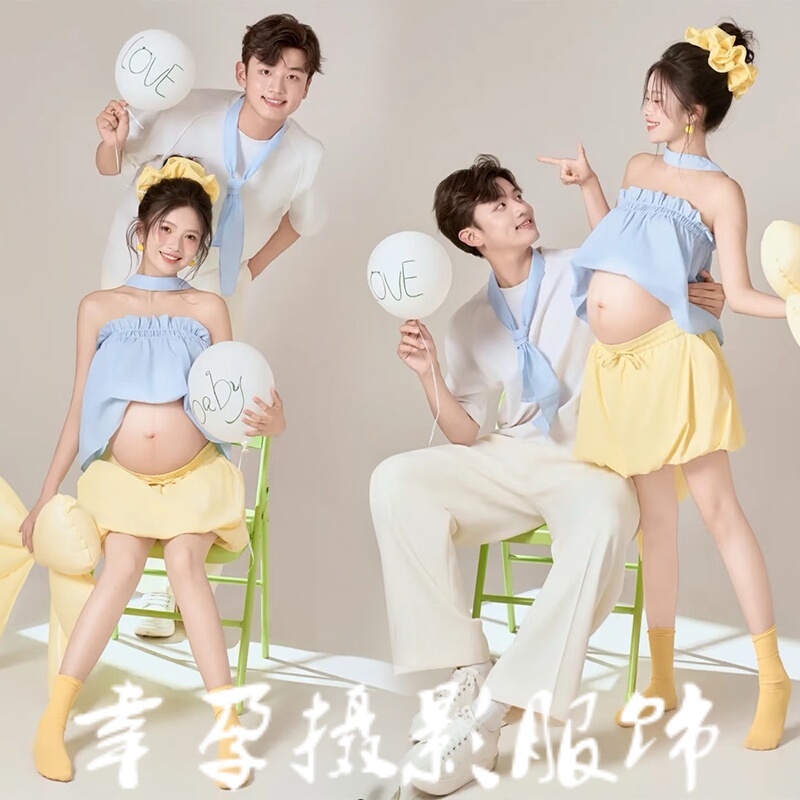 New Style Studio Outfits for Couples and Pregnant Women, Korean-Style Fresh and Sweet Cute Clothes for Pregnant Moms to Take Photos at Home