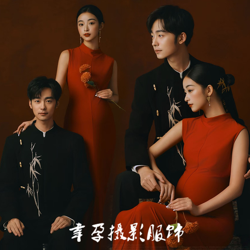 New Style Studio Photography Clothing for Pregnant Women in New Chinese Style, Retro Red Dress for Pregnant Moms, Art Photo Clothing
