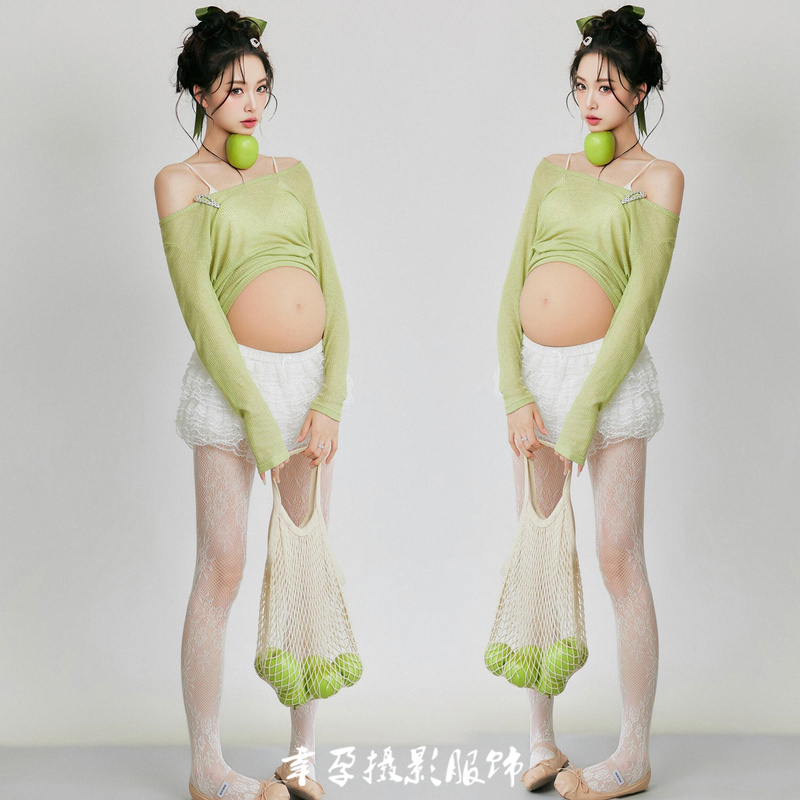 New Style Maternity Photography Outfit in Korean Style, Fresh and Sweet Green Atmosphere, for Young Pregnant Moms to Take Photos at Home