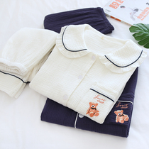 Pajamas men and women couples summer thin cotton washed gauze sweet and lovely spring and autumn solid color home wear long sleeves