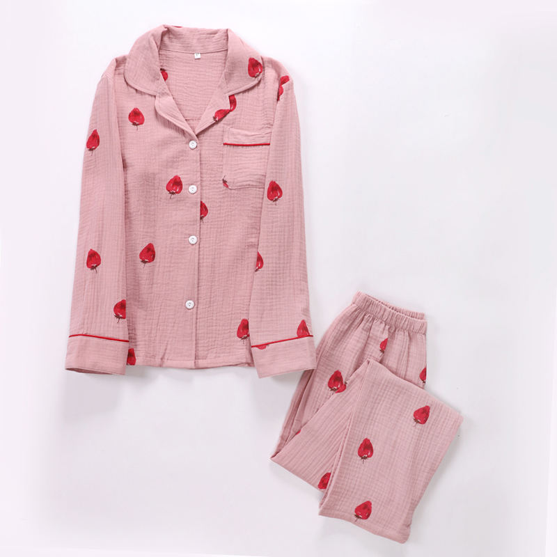 Bộ đồ ngủ mùa thu cotton gạc ngọt ngào dễ thương mùa xuân mỏng và tay áo mùa thu dài có thể được mặc bên ngoài nhà dịch vụ hai mảnh đồ pijama