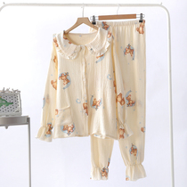 Cartoon pajamas cotton ladies long sleeve doll collar sweet bunches feet thin gauze cotton Japanese spring and autumn set
