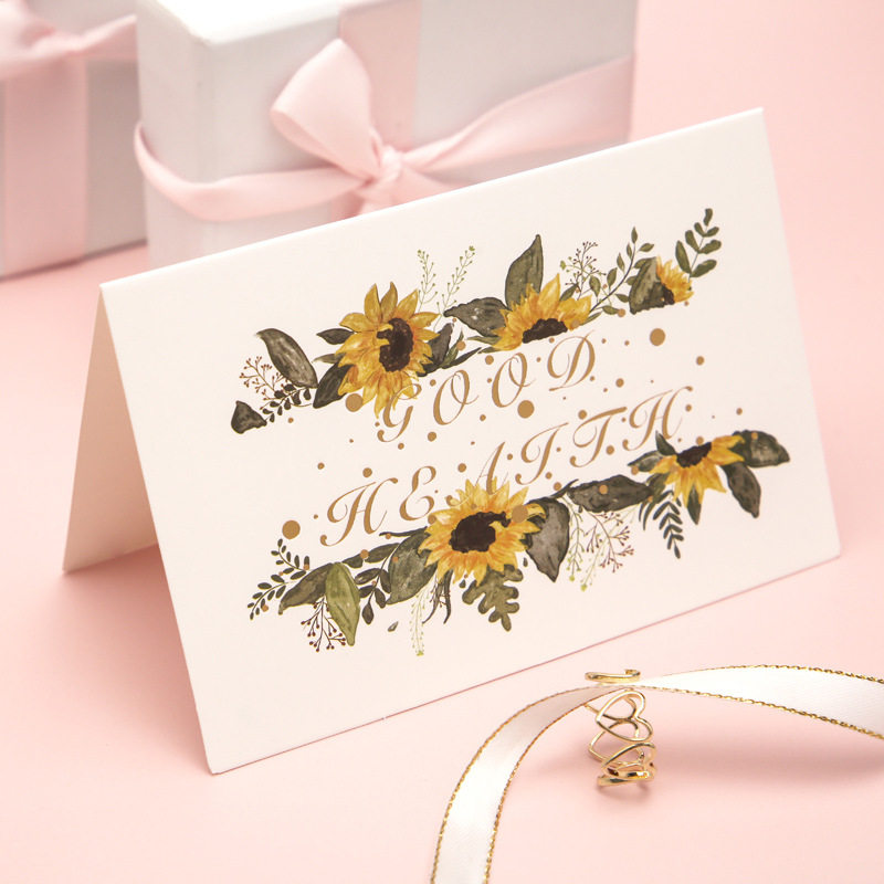 Minimalist bronzed flowers greeting cards, happy blessing blank small card thanks to message card literature and art with envelope