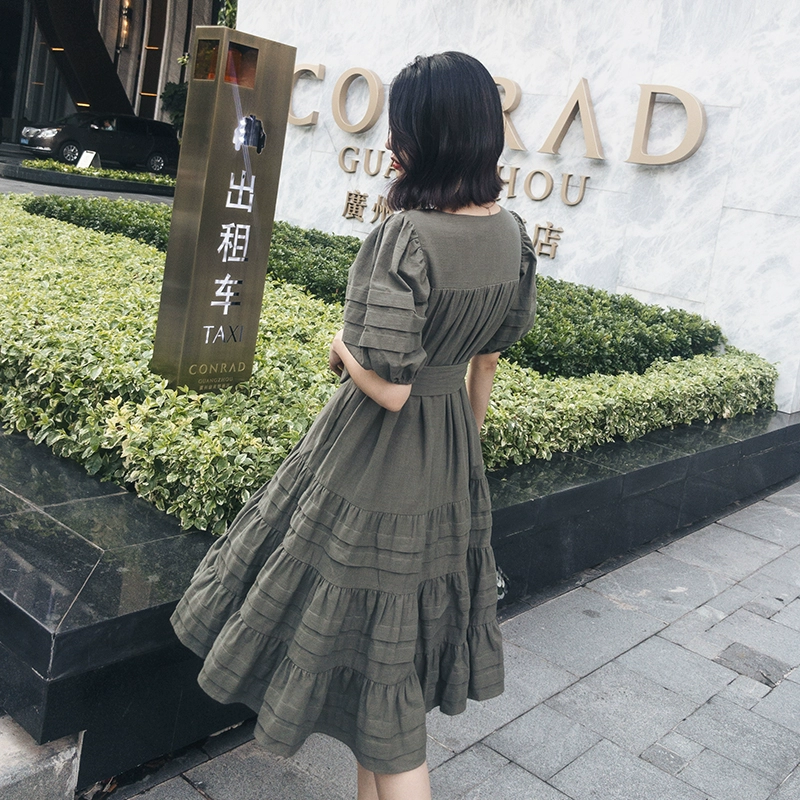 MC2020 mùa hè mới retro xếp li bong bóng tay áo cotton và lanh tay áo ngắn eo cao eo váy phụ nữ váy - Váy eo cao