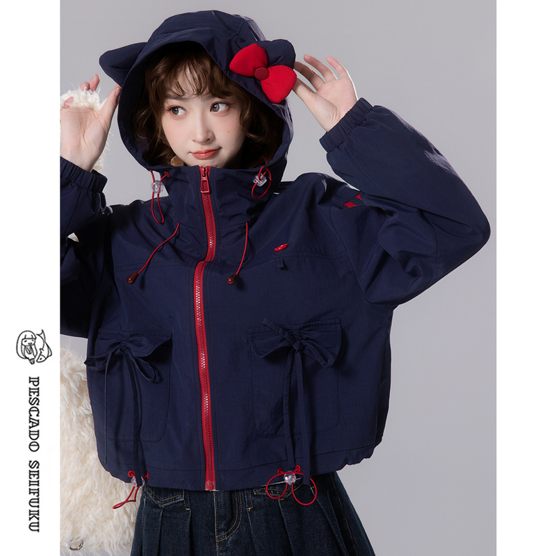 Sweet Fish Low-Salt [Gudu Meow] College Style Cat Ear Short Windbreaker Jacket for Women Autumn Windproof Coat Top