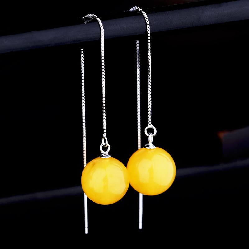 S925 pure silver ear necklace empty trust inlaid pearl honey wax amber green pine stone round pearl box chain with needle earrings