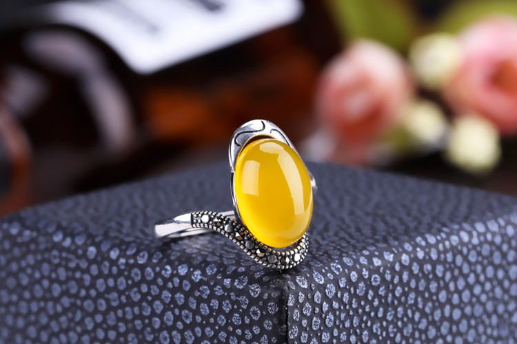 Nhẫn nữ bằng bạc 925 sterling cài đặt nhẫn 7 * 10 Thái bạc retro sáp ong vòng hổ phách 9 * 14 8 * 11 nhẫn trống đeo nhẫn ngón trỏ