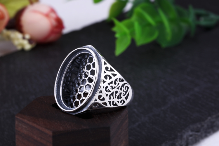 Nhẫn bạc nam 925 sterling trống hỗ trợ trống sáp ong thiết lập mặt động vật màu ngọc lam thiết lập 15 * 20 14 * 19 16 * 21 nhẫn đính hôn