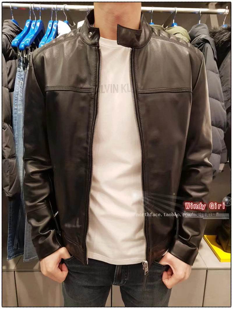 CK Leather nam 19 mùa thu Calvin klein Jeans Hàn Quốc mua áo khoác da thời trang cổ đứng J313287 - Quần áo lông thú