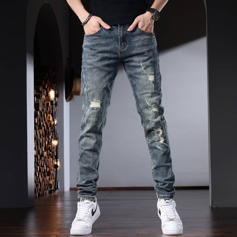 2026 New Summer Men's Jeans Trendy Brand Slim Fit Patched Ripped Long Pants Dark Blue Washed Distressed Pants