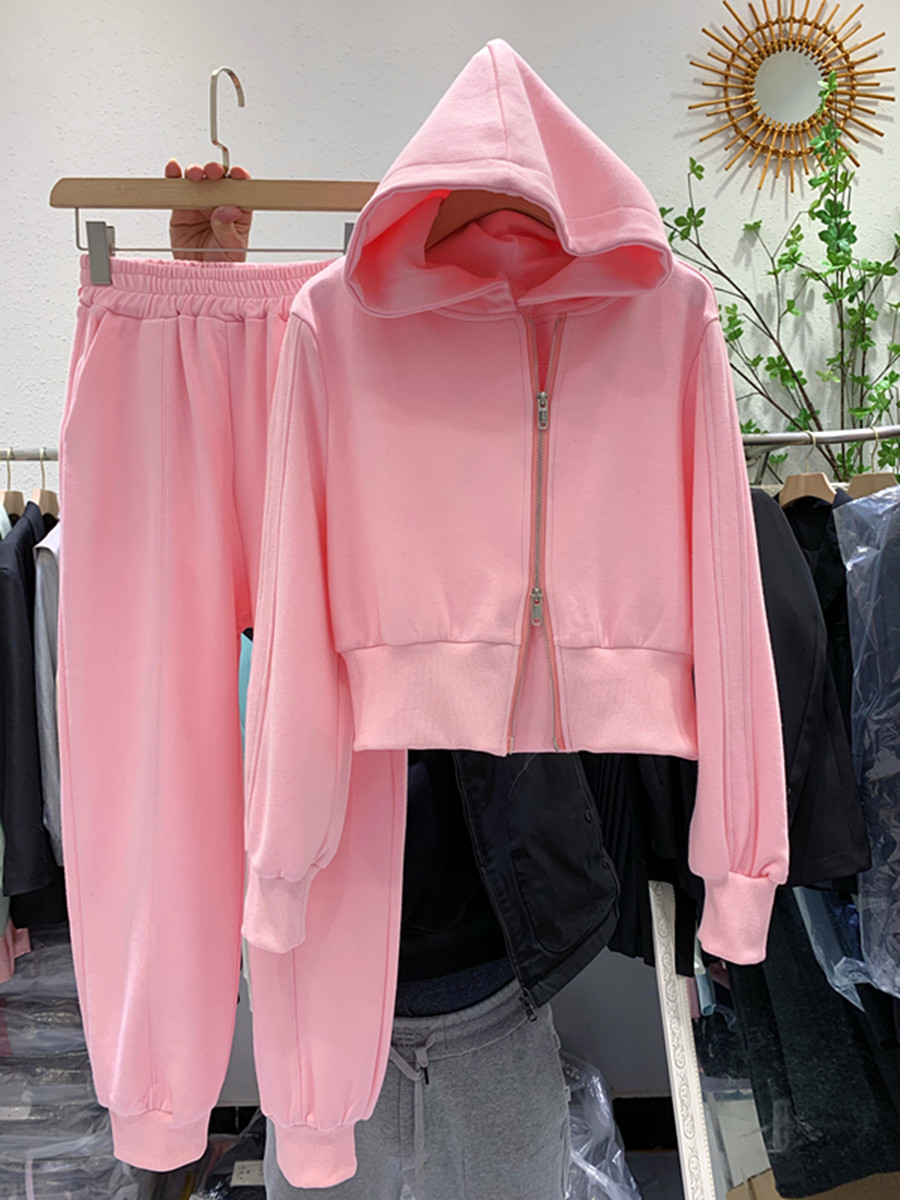 South Korea Pink Tandem Hat Sportswear Outfit Two Sets Women 2022 Spring Autumn New Loose Pull Neckline Sweatpants Casual Suit