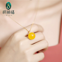 Xiangzhenfu natural beeswax pendant female Amber chicken oil yellow beeswax necklace 18k golden buckle inlaid with round beads