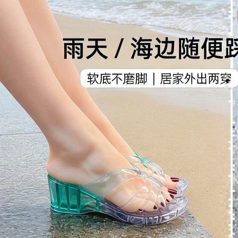 Women's Crystal Slippers Jelly 2026 Summer Jelly Color Thick Heel Thick Sole Outdoor Casual Sandals High Heels