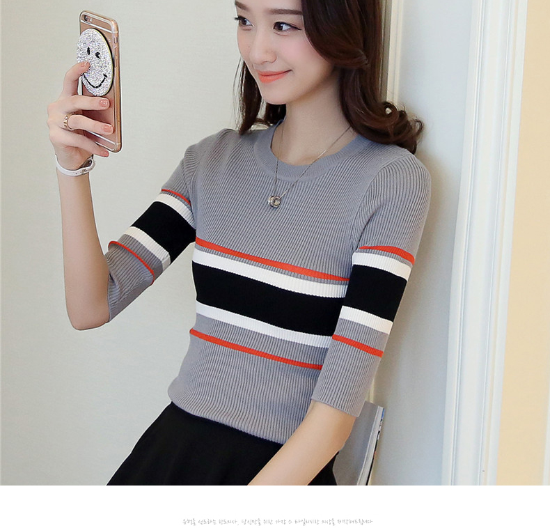Áo len giữa tay áo sơ mi nữ 5 điểm áo len chui đầu mùa thu mới phiên bản Hàn Quốc của áo sơ mi sọc sọc Áo sơ mi nửa tay áo phông rộng