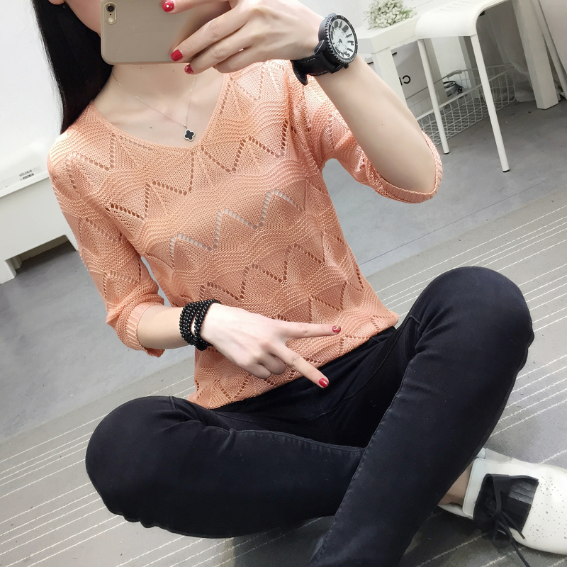 Áo chống nắng openwork áo len nữ 2018 xuân hè mới tay áo mới v-áo khoác siêu mỏng áo len mỏng gợi cảm khoác cardigan
