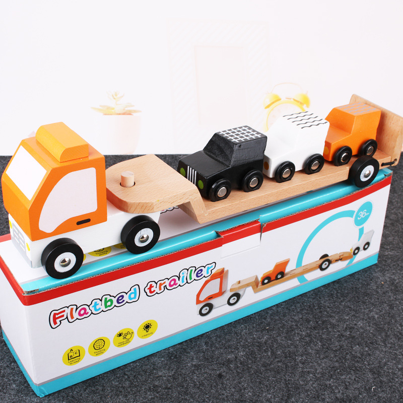 Wooden transport car simulation truck model wooden toy children's engineering vehicle loading sedan to play family wine