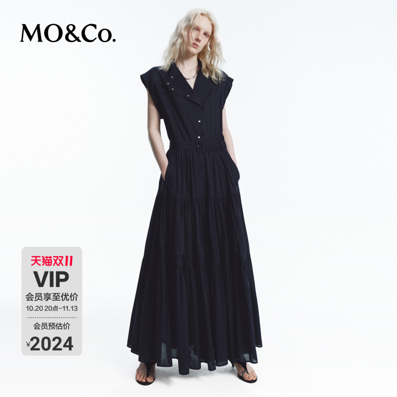 Moco Dress 2026 Autumn New Product Pima Cotton Workwear Style Diagonal Lapel Wide Shoulder Long Dress with Belt Mbf3Drs012