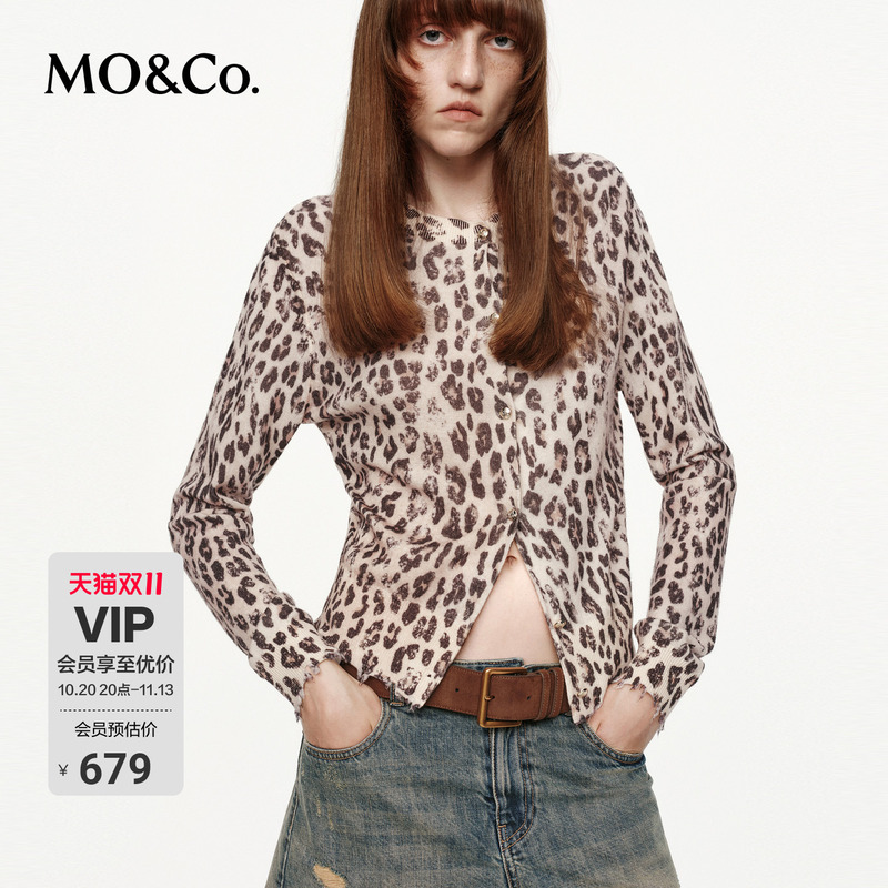 Moco Knitted Cardigan, Spring and Autumn, Sheep Wool, Cashmere, Mottled Leopard Print, Short Style