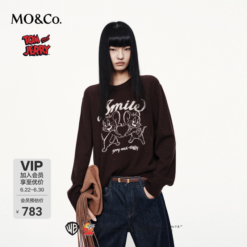 Moco Sweater Knitwear Mo Anke Spring and Autumn Tom and Jerry Collaboration Series Sheep Wool Rhinestone Embellishment