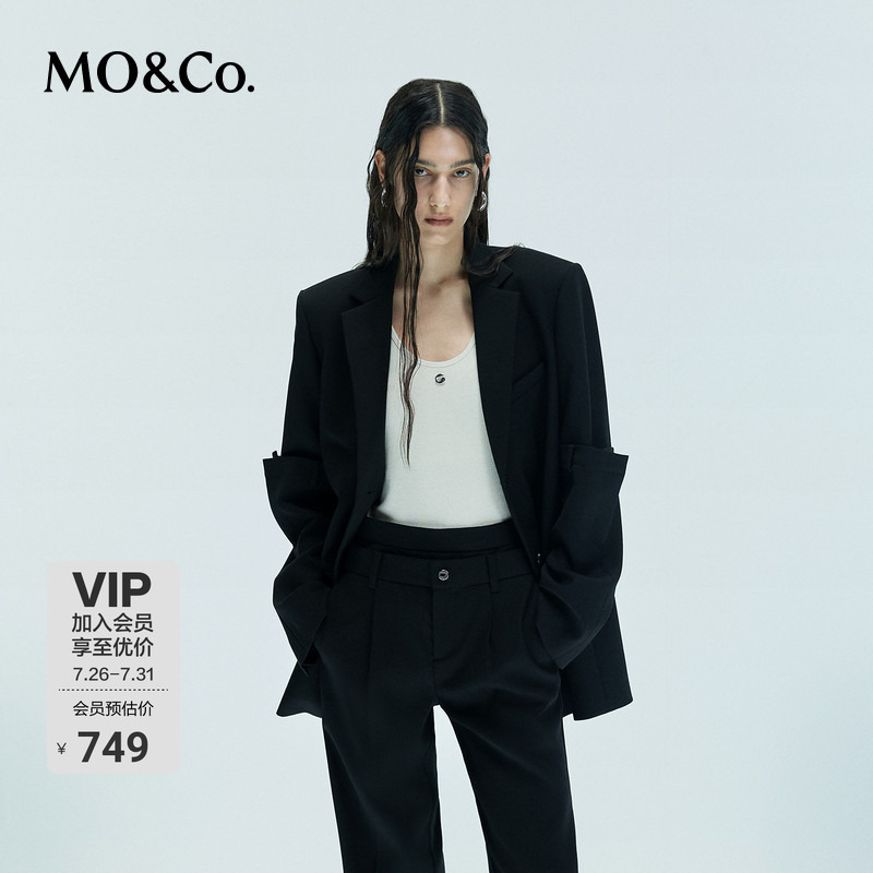 Moco Suit Made of Fine Wool, Black Unisex Padded Shoulder Design, Stylish Patchwork Long-Sleeve Jacket by Mo&Co Moco Suit Made of Fine Wool, Black Unisex Padded Shoulder Design, Stylish Patchwork Long-Sleeve Jacket by Mo&Co