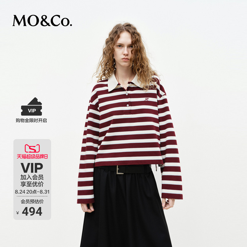 Moco Long-Sleeved Top 2026 Spring New Product Xinjiang Cotton Short Polo Collar Red and White Striped Shirt Mbf1Topt07 Moco Long-Sleeved Top 2026 Spring New Product Xinjiang Cotton Short Polo Collar Red and White Striped Shirt Mbf1Topt07