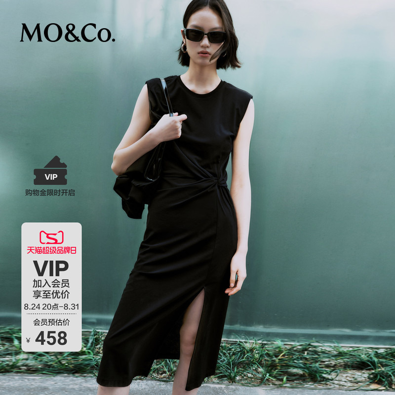 【Cool Feeling】Moco Dress, Cotton Summer Sleeveless Pleated Waist-Cinching Slit Round Neck Little Black Dress, Mo Anke 【Cool Feeling】Moco Dress, Cotton Summer Sleeveless Pleated Waist-Cinching Slit Round Neck Little Black Dress, Mo Anke