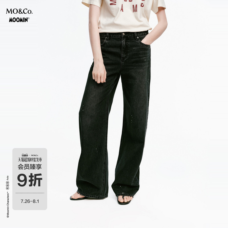 [Moomin Series] Moco Jeans 2026 Autumn New Product Washed Old Black Laser Printed Straight-Leg Jeans Mbf3Jen047