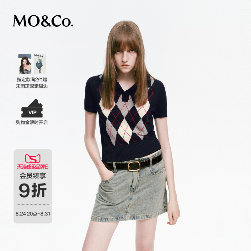 Moco Knitwear 2026 Autumn New Product Sheep Wool Retro Preppy Style Quilted Short-Sleeved Short Style Mbf3Swt003