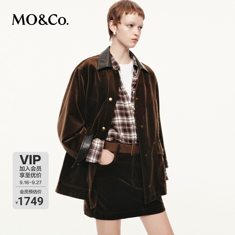 Moco Jacket, Mo Anke Spring and Autumn Vintage Brown Velvet and Plain Leather Patchwork Workwear Jacket Moco Jacket, Mo Anke Spring and Autumn Vintage Brown Velvet and Plain Leather Patchwork Workwear Jacket