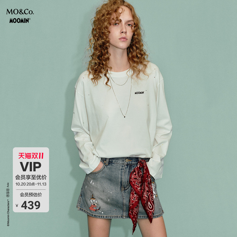 【Moomin Collaboration】Moco Printed T-Shirt Long-Staple Cotton Rhinestone Long Sleeve Mo&Co