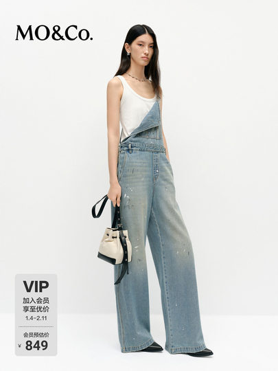 Moco Denim Overalls Retro Washed Faded Ink Print High Waist Straight Leg Mbe1Jps001