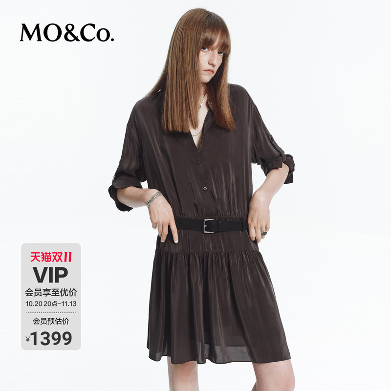 Moco Dress with Belt 2026 Autumn New Retro Sand-Washed Silk Ruffled Shirt Dress Mbf3Drs013
